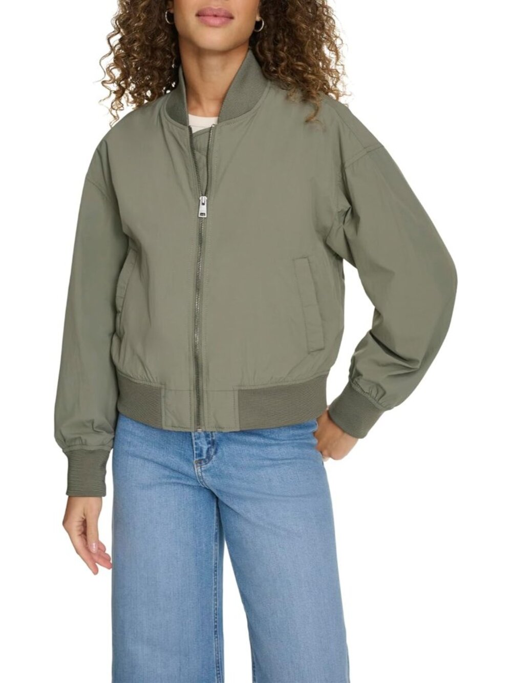 Women's Green Nylon Band Collar Front Zipper Rib Knit Breathable Bomber Jacket